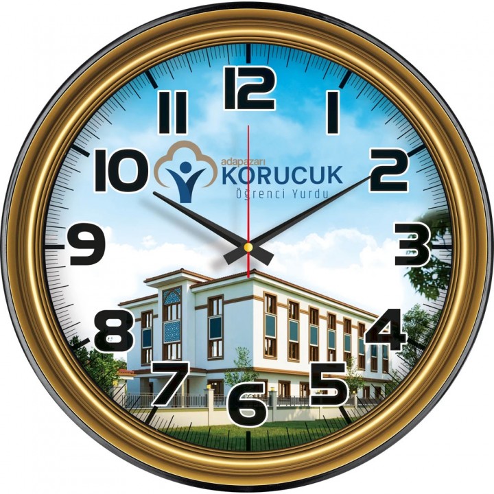 Logo Baskılı 46 cm Bronz Altın İç Kasalı Siyah Dış Halkalı Plastik Duvar Saati